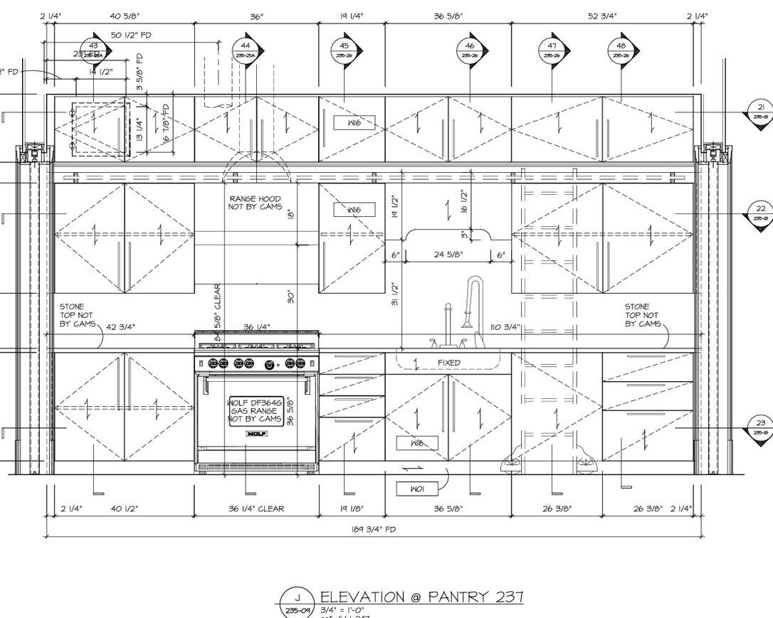 Shop drawing elevation of a pantry wall, showing cabinet layout and dimensions